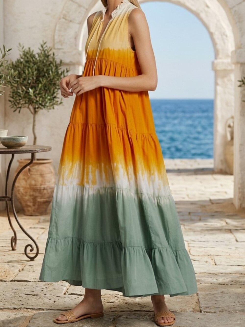 SWF Escapism Cotton Maxi Dress XS Spring Brights Ombre Tiered Ruffle Neck